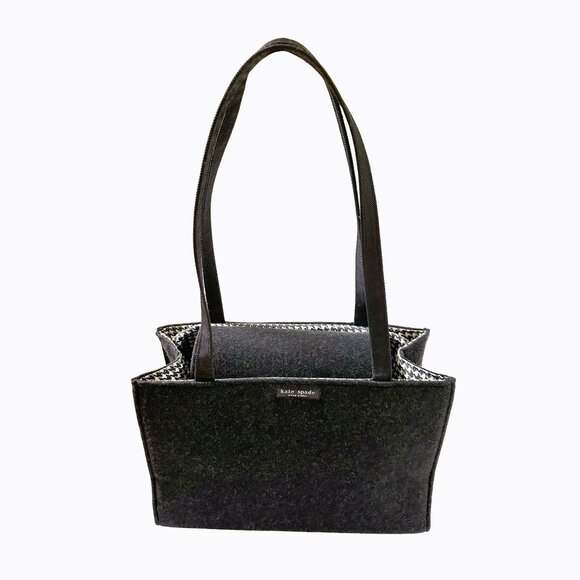 Vintage Kate Spade NY Sam Wool Shoulder Bag Charcoal Gray Houndstooth Y2K Luxury - Picture 1 of 14